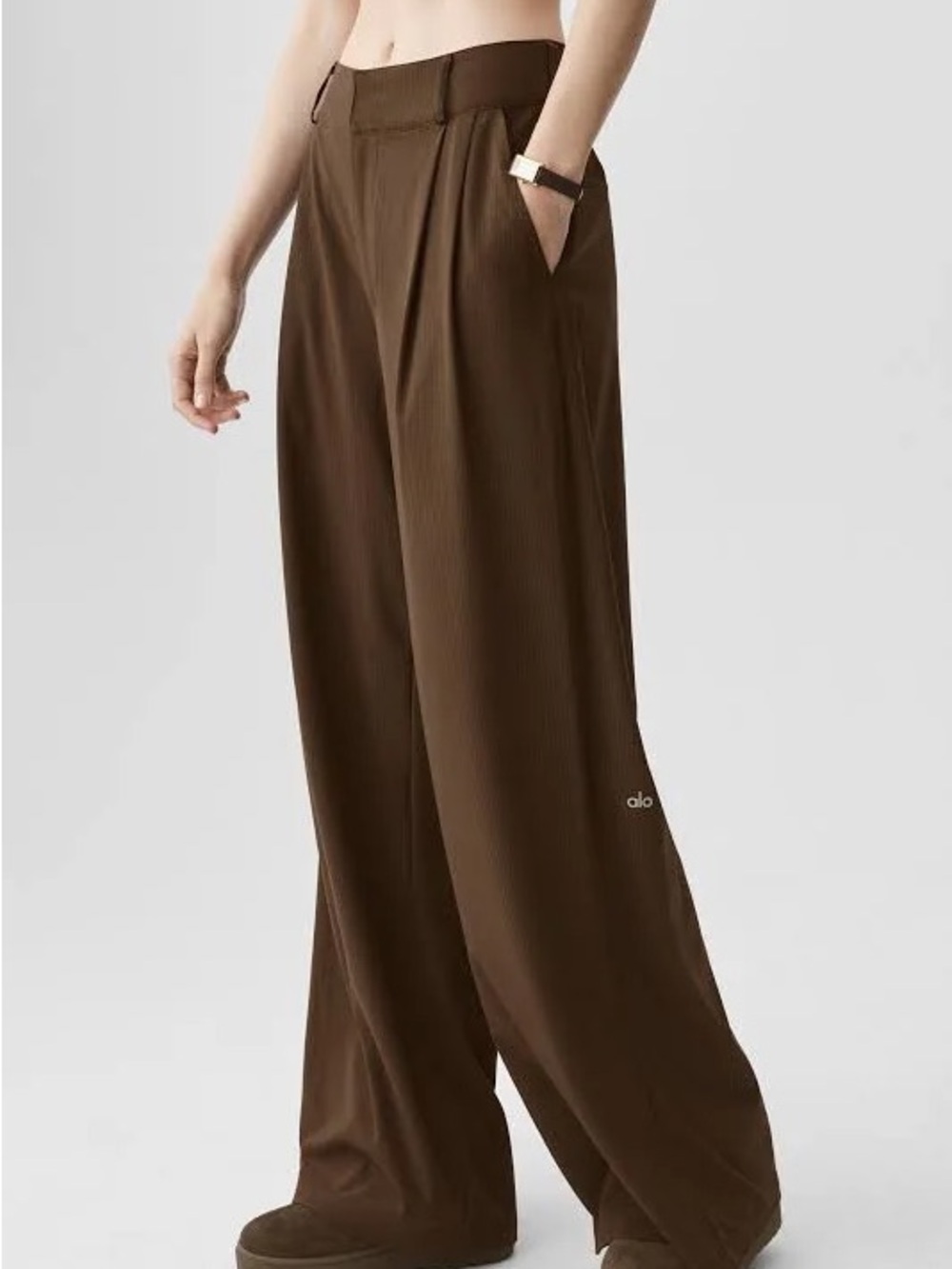ALO Yoga Women's Higg Waist “Dreamscape” Wid-Leg High-Rise Pants in Espresso Br
